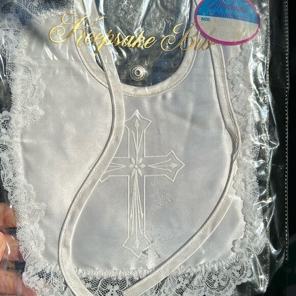 Madonna Christening Bib Lace and Satin w/Snap Keepsake Bib Holder Made in USA - Picture 3 of 17